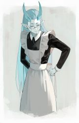 Rule 34 | 1boy, alternate costume, apron, aqua eyes, aqua hair, aqua horns, bespectacled, black dress, blue hair, blue skin, collared dress, colored skin, cowboy shot, denpa0304, dress, dressing, earclip, enmaided, eyewear strap, frilled apron, frills, glasses, grey background, hair slicked back, hair strand, highres, horns, long hair, long sleeves, looking away, looking down, looking to the side, maid, maid apron, maid headdress, male focus, pointy ears, short eyebrows, solo, straight hair, luo xiaohei zhanji, tying, very long hair, white apron, widow&#039;s peak, xuhuai (the legend of luoxiaohei)