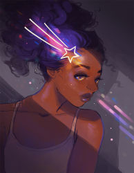 Rule 34 | 1girl, artist name, breasts, camisole, commentary, curly hair, dark-skinned female, dark skin, english commentary, geneva bowers, hair bun, looking at viewer, looking to the side, open mouth, original, purple eyes, purple hair, shooting star, single hair bun, solo, star (symbol), watermark, white camisole