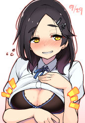 Rule 34 | 1girl, black bra, black hair, blue ribbon, blush, bra, breasts, cleavage, clothes lift, commentary request, dated, eyes visible through hair, flying sweatdrops, forehead, gradient background, grin, hair ornament, hairclip, hand up, highres, kantai collection, kuroshio (kancolle), kuroshio kai ni (kancolle), lifting own clothes, long hair, looking at viewer, medium breasts, neck ribbon, nose blush, outline, pink background, pink outline, puffy short sleeves, puffy sleeves, ribbon, shirt, shirt lift, short sleeves, smile, solo, sweat, taketora suzume, thick eyebrows, underwear, upper body, white shirt, wing collar, yellow eyes
