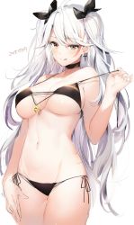 Rule 34 | 1girl, azur lane, bare shoulders, bikini, black bikini, black choker, black ribbon, breasts, choker, cleavage, collarbone, commentary request, cross, cross earrings, dated, earrings, flag print, german flag bikini, hair between eyes, hair ribbon, highres, hip focus, jewelry, large breasts, licking lips, long hair, looking at viewer, multicolored hair, navel, prinz eugen (azur lane), prinz eugen (unfading smile) (azur lane), ribbon, side-tie bikini bottom, silver hair, simple background, smile, strap pull, streaked hair, swept bangs, swimsuit, thighs, tongue, tongue out, two side up, umibouzu (niito), white background