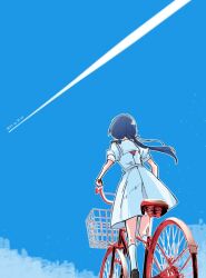 Rule 34 | 1girl, bicycle, blue hair, blue ribbon, blue sky, brown footwear, commentary, dark blue hair, dress, from behind, hair ribbon, hasu no sora school uniform, highres, kanduki kamibukuro, kneehighs, light particles, link! like! love live!, loafers, long hair, love live!, low twintails, medium dress, murano sayaka, neckerchief, pleated dress, red neckerchief, ribbon, riding, riding bicycle, sailor collar, sailor dress, school uniform, shoes, short sleeves, sky, socks, solo, song name, summer uniform, translation request, twintails, virtual youtuber, white dress, white sailor collar, white socks