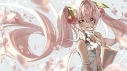 Rule 34 | 1girl, blush, breasts, cherry blossoms, closed mouth, collared shirt, detached sleeves, floating hair, flower, from side, hair between eyes, hair ornament, hatsune miku, highres, holding, holding flower, long hair, long sleeves, looking at viewer, marutani, motion blur, necktie, pink hair, pink necktie, pink sleeves, red eyes, sakura miku, shirt, sleeveless, sleeveless shirt, small breasts, smile, solo, twintails, upper body, very long hair, vocaloid, white flower, white shirt, wing collar