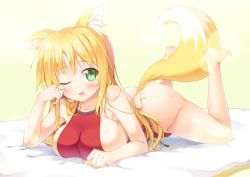 Rule 34 | 10s, 1girl, animal ears, apron, ass, bare shoulders, barefoot, blonde hair, blush, bottomless, breasts, collarbone, dog days, fox ears, fox tail, full body, green eyes, kazuma (kazumav), large breasts, long hair, looking at viewer, lying, naked apron, no panties, on stomach, one eye closed, open mouth, rubbing eyes, saliva, sideboob, solo, sweat, tail, tears, wink, yukikaze panettone