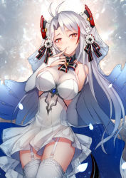 Rule 34 | 1girl, adapted costume, alternate costume, antenna hair, arm behind back, azur lane, bare shoulders, blush, breasts, bridal gauntlets, bridal veil, brown eyes, cleavage, collarbone, commentary request, cross, dated, dress, finger to mouth, flower, garter straps, gloves, hair between eyes, hair ornament, half-closed eyes, headgear, iron cross, jewelry, kyoeiki, large breasts, light particles, long hair, looking at viewer, mole, mole on breast, multicolored hair, nail polish, no bra, parted lips, petals, pink nails, prinz eugen (azur lane), red hair, ring, see-through, smile, solo, thighhighs, thighs, two side up, veil, very long hair, wedding band, wedding dress, white dress, white flower, white footwear, white gloves, white hair, white thighhighs