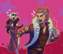 Rule 34 | 1boy, 1girl, ace attorney, belt, blonde hair, breasts, brown belt, brown coat, brown dress, brown hair, brown pants, brown shirt, choker, cleavage, coat, collarbone, commission, dress, eyewear on head, feather boa, foreshortening, fur-trimmed coat, fur trim, highres, holding hands, kukustar (kukuu), laughing, medium breasts, open mouth, pants, pectoral cleavage, pectorals, pink background, shi-long lang, shih-na, shirt, short hair, side slit, sound effects, spiked hair, star (symbol), v-shaped eyebrows