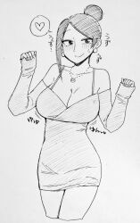 Rule 34 | asymmetrical bangs, bare shoulders, bijin onna joushi takizawa-san, black eyes, black hair, blush, bouncing breasts, breasts, cleavage, collarbone, curvy, dress, earrings, eyebrows, hair bun, heart, hourglass, japanese text, jewelry, large breasts, legs, long bangs, long sleeves, looking at viewer, mole, mole under mouth, monochrome, necklace, parted bangs, pen (medium), sagging breasts, smile, speech bubble, spoken heart, strapless, strapless dress, takizawa kyouko, thighs, traditional media, tube dress, yan-baru