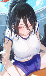 Rule 34 | 1girl, artist name, black hair, black wings, blue archive, blue shorts, blush, breasts, day, gym shirt, gym shorts, gym uniform, halo, haruri, hasumi (blue archive), hasumi (track) (blue archive), highres, large breasts, long hair, official alternate costume, one eye closed, open mouth, outdoors, red eyes, red halo, shirt, short sleeves, shorts, signature, solo, very long hair, white shirt, wings