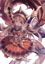 Rule 34 | 10s, 1girl, :p, arm up, belt, blonde hair, boots, bow, cagliostro (granblue fantasy), cagliostro (halloween) (granblue fantasy), commentary request, dragon, dress, glowing, glowing eyes, granblue fantasy, halloween, matsumoto tomoyohi, one eye closed, pink dress, purple eyes, sleepwear, smile, solo, tongue, tongue out, white background