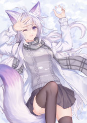 Rule 34 | 1girl, absurdres, animal ear fluff, animal ears, antenna hair, breasts, coat, extra ears, fox ears, fox girl, fox tail, grey hair, grey scarf, grey sweater, hair between eyes, highres, kirby d a, long hair, looking at viewer, lying, miniskirt, on back, open mouth, original, purple eyes, scarf, skirt, smile, snow, snowball, sweater, tail, thighhighs, very long hair, white hair, zettai ryouiki