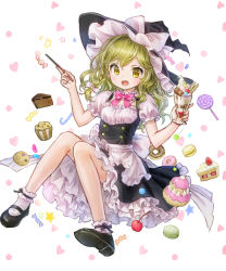 Rule 34 | 1girl, ama-tou, apron, black footwear, black skirt, blonde hair, bobby socks, bow, bowtie, buttons, cake, candy, cherry, chocolate cake, cookie, cream puff, detached collar, food, frilled skirt, frills, fruit, full body, hat, hat bow, heart, holding, holding wand, kirisame marisa, lollipop, looking at viewer, mary janes, parfait, puffy short sleeves, puffy sleeves, shoes, short sleeves, skirt, smile, socks, solo, star (symbol), strawberry, strawberry shortcake, touhou, vest, wafer stick, wand, white background, white bow, white socks, witch hat, yellow eyes