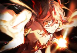 1girl closed_mouth flaming_hand fu_hua fu_hua_(garuda) hair_between_eyes honkai_(series) honkai_impact_3rd incoming_attack multicolored_hair red_eyes red_hair serious solo streaked_hair two-tone_hair upper_body white_hair zonega4u