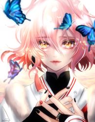 Rule 34 | 1boy, absurdres, blue butterfly, bug, butterfly, fingerless gloves, gloves, hand on own chest, hanjin (touken ranbu), highres, insect, long sleeves, looking at viewer, male focus, multicolored hair, nail polish, orange hair, parted lips, pink hair, short hair, solo, touken ranbu, wavy hair, white background, yellow eyes, zasikirou