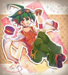 Rule 34 | 1boy, ahoge, between fingers, card, card between fingers, choker, dyed bangs, goggles, goggles on head, green hair, green pants, holding, holding card, male focus, pants, red eyes, red footwear, red hair, rento (rukeai), shoes, smile, solo, sparkle, sparkle background, star (symbol), starry background, title, yu-gi-oh!, yu-gi-oh! arc-v