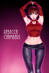 Rule 34 | 1girl, alternate costume, armpits, arms up, belt, blue eyes, bracelet, breasts, brown hair, capcom, casual, character name, choker, cowboy shot, denim, elbow gloves, fingerless gloves, gloves, halterneck, halterneck, highres, jeans, jewelry, large breasts, leather, leather pants, licking lips, lips, looking at viewer, lowleg, lowleg pants, midriff, naughty face, navel, pants, pendant, rebecca chambers, red gloves, resident evil, resident evil 0, sawao, short hair, skin tight, solo, sweat, tongue, tongue out, very short hair, wide hips