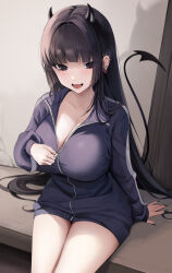 Rule 34 | 1girl, :d, black eyes, black hair, black nails, blunt bangs, breasts, cleavage, demon horns, demon tail, ear piercing, fangs, hime cut, horns, jacket, large breasts, long hair, looking at viewer, mole, mole under eye, ompf, open mouth, original, piercing, sitting, smile, solo, tail