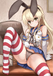Rule 34 | 10s, 1girl, anchor, anchor hair ornament, ass, bare shoulders, black panties, blonde hair, book, breasts, buttons, chair, clothes lift, crop top, desk, elbow gloves, gloves, hair ornament, hairband, highres, kantai collection, long hair, looking at viewer, miniskirt, okitsugu, on desk, panties, sailor collar, school uniform, serafuku, shimakaze (kancolle), sitting, on desk, skirt, skirt lift, small breasts, solo, striped clothes, striped thighhighs, thighhighs, underwear, white gloves
