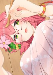 Rule 34 | 1girl, alternate costume, blush, bracelet, breasts, cherry blossom print, cherry blossoms, ear picking, fingernails, floral print, flower, from below, glasses, green eyes, green ribbon, hair flower, hair ornament, hair ribbon, highres, holding, hololive, jewelry, large breasts, long fingernails, looking at viewer, looking down, medium hair, mimikaki, nejime, open mouth, pink flower, red-framed eyewear, ribbon, sakura miko, short hair, smile, solo, upper body, virtual youtuber, wooden ceiling, wristband