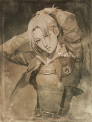 Rule 34 | 1girl, annie leonhart, arms up, art of neight, artist name, belt, brown theme, closed mouth, commentary, cropped jacket, emblem, english commentary, hair over one eye, highres, jacket, logo, long sleeves, military police brigade (emblem), monochrome, open clothes, open jacket, paradis military uniform, parted bangs, shingeki no kyojin, solo, suspenders, twitter logo, tying hair, upper body, v-neck