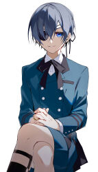 Rule 34 | 1boy, absurdres, bishounen, black ribbon, blue eyes, blue hair, blue jacket, blue shorts, buttons, ciel phantomhive, closed mouth, collared shirt, crossed legs, dark blue hair, eyepatch, highres, jacket, jewelry, jitome, kuroshitsuji, looking at viewer, male focus, mitk game, own hands together, ribbon, ring, shirt, short hair, shorts, simple background, smile, smug, solo, teeth, thigh strap, white background, white shirt