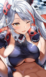Rule 34 | 1boy, 1girl, azur lane, banned artist, belko, black gloves, breasts, bulge, closed mouth, cum, cum in clothes, dated, flying sweatdrops, gloves, hair ornament, highres, looking at another, motion lines, official alternate costume, paizuri, paizuri under clothes, prinz eugen (azur lane), prinz eugen (final lap) (azur lane), race queen, skindentation, twintails, white hair, yellow eyes