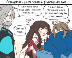 Rule 34 | 1boy, 2girls, = =, ahoge, arknights, arm up, beard, black skirt, blanket, blush, brown gloves, brown hair, closed eyes, commentary, crossover, cuora (arknights), doctor (arknights), english commentary, english text, facial hair, gloves, green hair, grey hair, guin guin, hair between eyes, headpat, kantai collection, male doctor (arknights), multicolored hair, multiple girls, mustache, open mouth, pleated skirt, profile, red shirt, sendai (kancolle), sendai kai ni (kancolle), shirt, skirt, sleeping, sleeveless, sleeveless shirt, streaked hair, two side up, zzz