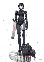 Rule 34 | 1girl, android, arm cannon, artbook, black hair, blame!, bodysuit, damaged, defeat, facial mark, full body, graviton beam emitter, greyscale, hair between eyes, highres, humanoid robot, joints, long legs, mechanical arms, mechanical legs, monochrome, nihei tsutomu, oil, pale skin, robot, robot joints, safeguard (blame!), sanakan, short hair, silicon creature (blame!), spot color, weapon, white eyes