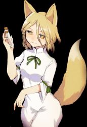 Rule 34 | 1girl, animal ears, blonde hair, bow, breasts, closed mouth, eyes visible through hair, female focus, fox ears, fox tail, green bow, green ribbon, hair between eyes, hands up, holding, holding test tube, kudamaki tsukasa, looking at viewer, medium breasts, puffy short sleeves, puffy sleeves, ribbon, romper, short hair, short sleeves, shukinuko, smile, solo, standing, tail, test tube, touhou, white romper, yellow eyes