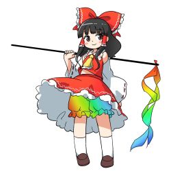 Rule 34 | 1girl, ascot, black hair, bloomers, bow, brown footwear, closed mouth, frilled ascot, frilled bow, frilled hair tubes, frilled skirt, frills, full body, gohei, hair bow, hair tubes, hakurei reimu, happy, itatatata, kneehighs, long hair, midriff, official style, rainbow gradient, red bow, red skirt, red vest, simple background, skirt, smile, socks, solo, touhou, underwear, vest, white background, white socks, yellow ascot, zun (style)