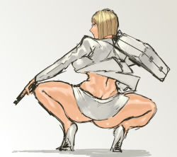 Rule 34 | 1girl, aqua eyes, ass, back, blonde hair, blue eyes, breasts, female focus, formal, gradient background, grey background, gun, holding, holding weapon, jacket, long sleeves, looking at viewer, looking back, microskirt, miniskirt, nameo (judgemasterkou), no shirt, profile, revealing clothes, shadow, shoes, short hair, skirt, solo, spread legs, squatting, suit, suitcase, weapon, white footwear, white jacket, white skirt