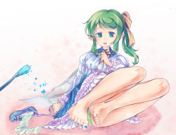 Rule 34 | 1girl, :d, abstract background, aqua eyes, artist request, barefoot, blue nails, blue toenails, bow, character request, copyright request, dress, feet, frilled dress, frills, green eyes, green hair, hair ornament, hair ribbon, hairclip, highres, looking at viewer, nail polish, open mouth, orange bow, orange ribbon, pointy ears, ponytail, red nails, ribbon, shoes, unworn shoes, side ponytail, smile, solo, toenail polish, toenails, toes, white dress, white legwear, wings