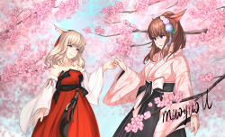 Rule 34 | 2girls, animal ears, warrior of light (ff14), blonde hair, blue eyes, brown eyes, brown hair, cherry blossoms, detached sleeves, fictional persona, final fantasy, final fantasy xiv, heterochromia, holding hands, japanese clothes, looking at another, maoyao-ll, miqo&#039;te, multiple girls, outdoors, purple hair, signature, standing, tree