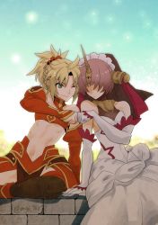 Rule 34 | 2girls, bare shoulders, blonde hair, blue sky, brick wall, bridal veil, commentary request, elbow gloves, fate/apocrypha, fate/grand order, fate (series), fist bump, frankenstein&#039;s monster (fate), gloves, green eyes, hair over eyes, horns, mgk968, midriff, mordred (fate), mordred (fate/apocrypha), multiple girls, navel, one eye closed, pink hair, ponytail, short hair, side-by-side, single horn, sitting, sky, smile, twitter username, veil, white gloves