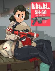 Rule 34 | 1girl, black hair, body armor, gloves, gun, hair pulled back, highres, crossed legs, original, smile, thick thighs, thighs, tyto alba, weapon