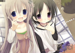 Rule 34 | 2girls, :d, blush, breasts, brown dress, collar, collarbone, crown, dress, grey jacket, hair between eyes, hand on own chest, jacket, long sleeves, looking at viewer, lowres, mini crown, multiple girls, open clothes, open jacket, open mouth, original, parted bangs, purple eyes, purple skirt, scratching cheek, shiro, shiro (octet), skirt, small breasts, smile, tareme, upper body