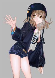 Rule 34 | 1girl, blue shorts, blush, bracelet, breasts, brown eyes, brown hair, cleavage, closed mouth, grey background, hand up, helmet, highres, jacket, jewelry, legs apart, looking at viewer, luicent, motorcycle helmet, open clothes, open jacket, original, short shorts, shorts, simple background, smile, solo, standing, tank top, thighs