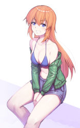 Rule 34 | 1girl, :d, bad id, bad pixiv id, bare legs, bare shoulders, between legs, bikini, bikini top only, blue bikini, blue eyes, blue shorts, blush, breasts, charlotte e. yeager, cleavage, collarbone, feet out of frame, front-tie bikini top, front-tie top, green jacket, grin, hair between eyes, halterneck, highres, jacket, kinata 1, large breasts, long hair, long sleeves, looking at viewer, navel, off shoulder, open clothes, open jacket, open mouth, orange hair, short shorts, shorts, sitting, smile, solo, stomach, strike witches, swimsuit, teeth, thighs, v arms, world witches series