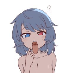 Rule 34 | 1girl, ?, blue eyes, blue hair, breasts, cachemerro, cleavage, collarbone, commentary, english commentary, heterochromia, large breasts, looking at viewer, medium breasts, open mouth, oral invitation, pointing, pointing at self, red eyes, short hair, simple background, solo, tatara kogasa, teeth, tongue, tongue out, touhou, upper teeth only, white background