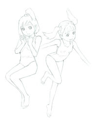 Rule 34 | 1girl, legs together, monochrome, sakura device, simple background, sketch, solo, standing, standing on one leg, swimsuit, traditional media, twintails, white background, yoshitomi akihito