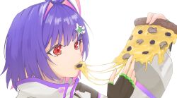 1girl absurdres ahoge black_gloves cheese cheese_trail colored_inner_hair commentary eating fingerless_gloves food food_in_mouth from_side gloves gradient_hair hair_intakes hair_ornament hairclip hands_up high_collar highres holding holding_food holding_pizza jacket kenney_q11 long_sleeves looking_ahead mouth_hold multicolored_clothes multicolored_hair multicolored_jacket mushroom olive pink_hair pizza pizza_slice portrait puffy_sleeves purple_hair red_eyes short_hair simple_background solari_riko solo star_(symbol) star_hair_ornament symbol-only_commentary thick_eyelashes virtual_youtuber vspo! vspo!_en white_background white_jacket