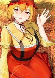Rule 34 | 1girl, absurdres, aki minoriko, apron, black choker, blonde hair, blush, choker, commentary request, food, fruit, grapes, hairband, highres, long sleeves, looking at viewer, open mouth, outdoors, red apron, red eyes, red hairband, shirt, short hair, solo, touhou, urizaku3, wheat field, yellow shirt