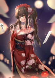 Rule 34 | 1girl, absurdres, amasa (a-amasa), breasts, brown hair, cleavage, clock eyes, closed mouth, collarbone, date a live, floral print, flower, hair between eyes, hair flower, hair ornament, heterochromia, highres, holding, holding flower, huge filesize, japanese clothes, kimono, long hair, medium breasts, off shoulder, pink flower, print kimono, red eyes, red kimono, sample watermark, sleeves past fingers, sleeves past wrists, smile, solo, standing, symbol-shaped pupils, tokisaki kurumi, twintails, uneven twintails, very long hair, watermark, yellow eyes