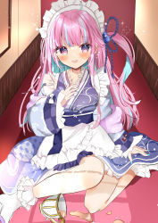 Rule 34 | 1girl, @ @, ahoge, apron, blue dress, blue hair, blue nails, blunt bangs, blush, bow, breasts, colored inner hair, cup, dress, frilled dress, frilled sleeves, frills, full body, gradient eyes, hair bobbles, hair ornament, hand on own chest, highres, hololive, indoors, large breasts, long hair, long sleeves, maid, maid apron, maid headdress, minato aqua, minato aqua (new year), multicolored eyes, multicolored hair, nail polish, nervous smile, one side up, open mouth, pink eyes, purple eyes, sidelocks, sitting, smile, solo, sparkle, spill, streaked hair, two-tone hair, virtual youtuber, wa maid, white bow, white footwear, yuzukiyuno (yunmu g)
