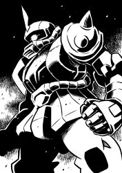 Rule 34 | arms at sides, clenched hand, commentary, cowboy shot, glowing, glowing eye, greyscale, gundam, highres, horns, looking ahead, mecha, mobile suit, mobile suit gundam, monochrome, nakanishi kent, no humans, one-eyed, robot, science fiction, shoulder spikes, single horn, solo, spikes, standing, zaku ii