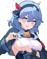 1girl absurdres adjusting_clothes ako_(blue_archive) bell blue_archive blue_eyes blue_hair blue_halo blush breasts close-up gloves hair_between_eyes hairband halo highres jewelry large_breasts long_hair looking_at_viewer medium_breasts neck_bell open_mouth pekeko_(pepekekeko) sideboob simple_background solo wavy_mouth white_background