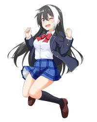 Rule 34 | 1girl, absurdres, arms up, bellezza felutia, black hair, black legwear, blazer, blue eyes, blue jacket, blue skirt, blush, bow, bowtie, breasts, collared shirt, fang, felutiahime, genderswap, genderswap (mtf), highres, jacket, loafers, long hair, medium breasts, multicolored hair, one eye closed, open clothes, open jacket, open mouth, original, plaid, plaid skirt, pleated skirt, red neckwear, shirt, shoes, sidelocks, simple background, skirt, smile, socks, two-tone hair, v-shaped eyebrows, white background, white hair, white shirt