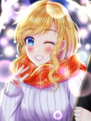 Rule 34 | 1girl, blue eyes, blurry, blurry background, blush, breasts, earrings, easyfunkycrazy, grin, highres, holding, idolmaster, idolmaster cinderella girls, jewelry, large breasts, long hair, long sleeves, looking at viewer, ohtsuki yui, one eye closed, plaid, plaid scarf, scarf, sleeves past wrists, smile, solo, sweater, teeth, upper body, white sweater, winter clothes