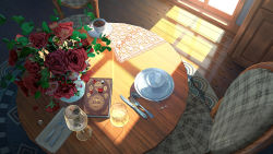 Rule 34 | absurdres, book, chair, cup, drinking glass, flower, fork, from above, gem, glass, highres, huge filesize, indoors, knife, napkin, no humans, original, pearl (gemstone), rose, saucer, scenery, shadow, spoon, sunlight, table, teacup, vase, window, wine glass, wooden floor, xingzhi lv