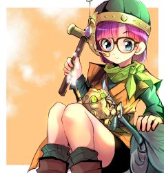 Rule 34 | 1girl, any813, bag, belt, bike shorts, blue eyes, chrono trigger, closed mouth, glasses, hammer, helmet, highres, looking at viewer, lucca ashtear, purple hair, robo (chrono trigger), robot, scarf, short hair, simple background, smile, solo