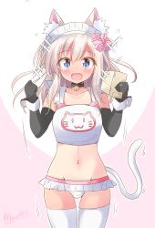 Rule 34 | 1girl, animal ears, animal print, bikini, black gloves, blonde hair, blue eyes, cat ears, cat print, cat tail, cowboy shot, elbow gloves, frilled bikini, frills, gloves, highres, kantai collection, long hair, one-hour drawing challenge, one-piece tan, open mouth, ro-500 (kancolle), shizuna kaede, smile, solo, sparkle, swimsuit, tail, tan, tanline, thighhighs, w arms, waitress, white bikini, white thighhighs, wrist cuffs