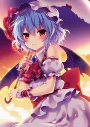 Rule 34 | 1girl, adapted costume, ascot, bat wings, blue hair, blush, detached sleeves, gradient background, hat, hat ribbon, highres, jpeg artifacts, looking at viewer, mob cap, non-web source, parasol, puffy sleeves, red eyes, remilia scarlet, ribbon, riichu, sash, scan, shirt, short hair, short sleeves, skirt, skirt set, sky, smile, solo, touhou, umbrella, wings, wrist cuffs